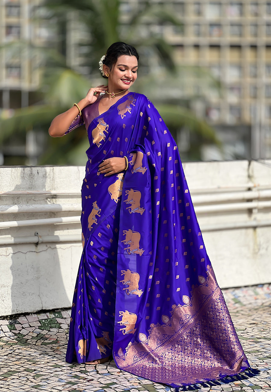 Violet Pure Soft Silk Dual Zari with Nandi Border Saree 