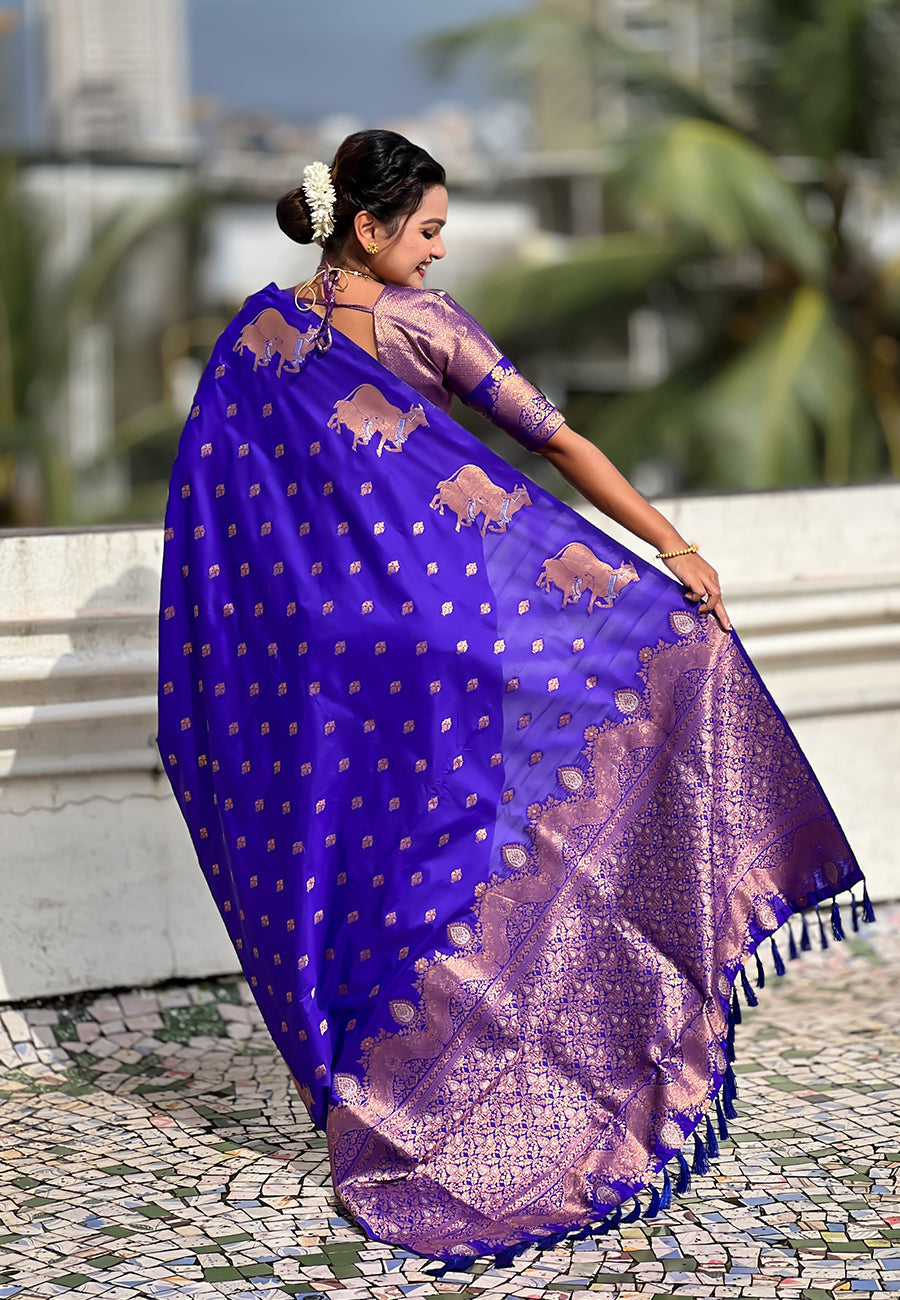 Violet Pure Soft Silk Dual Zari with Nandi Border Saree 