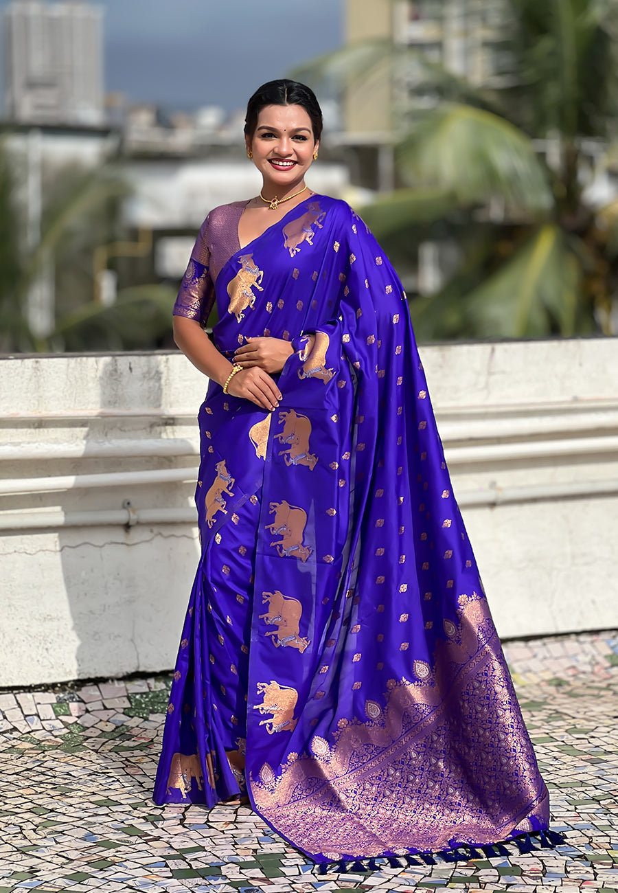 Violet Pure Soft Silk Dual Zari with Nandi Border Saree 