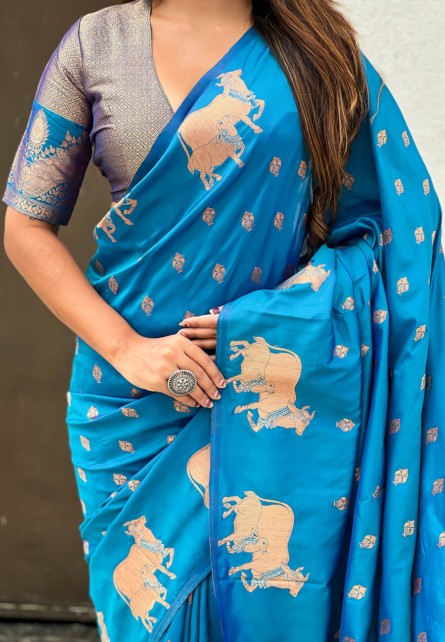 Rama Blue Pure Soft Silk Dual Zari with Nandi Border Saree 