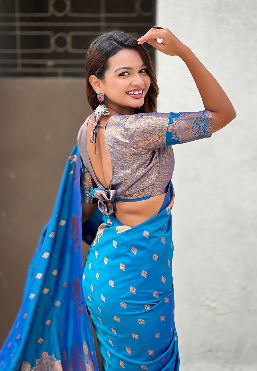 Rama Blue Pure Soft Silk Dual Zari with Nandi Border Saree 