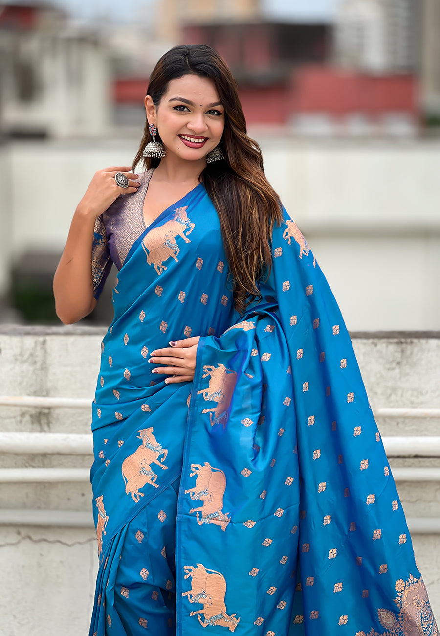 Rama Blue Pure Soft Silk Dual Zari with Nandi Border Saree 