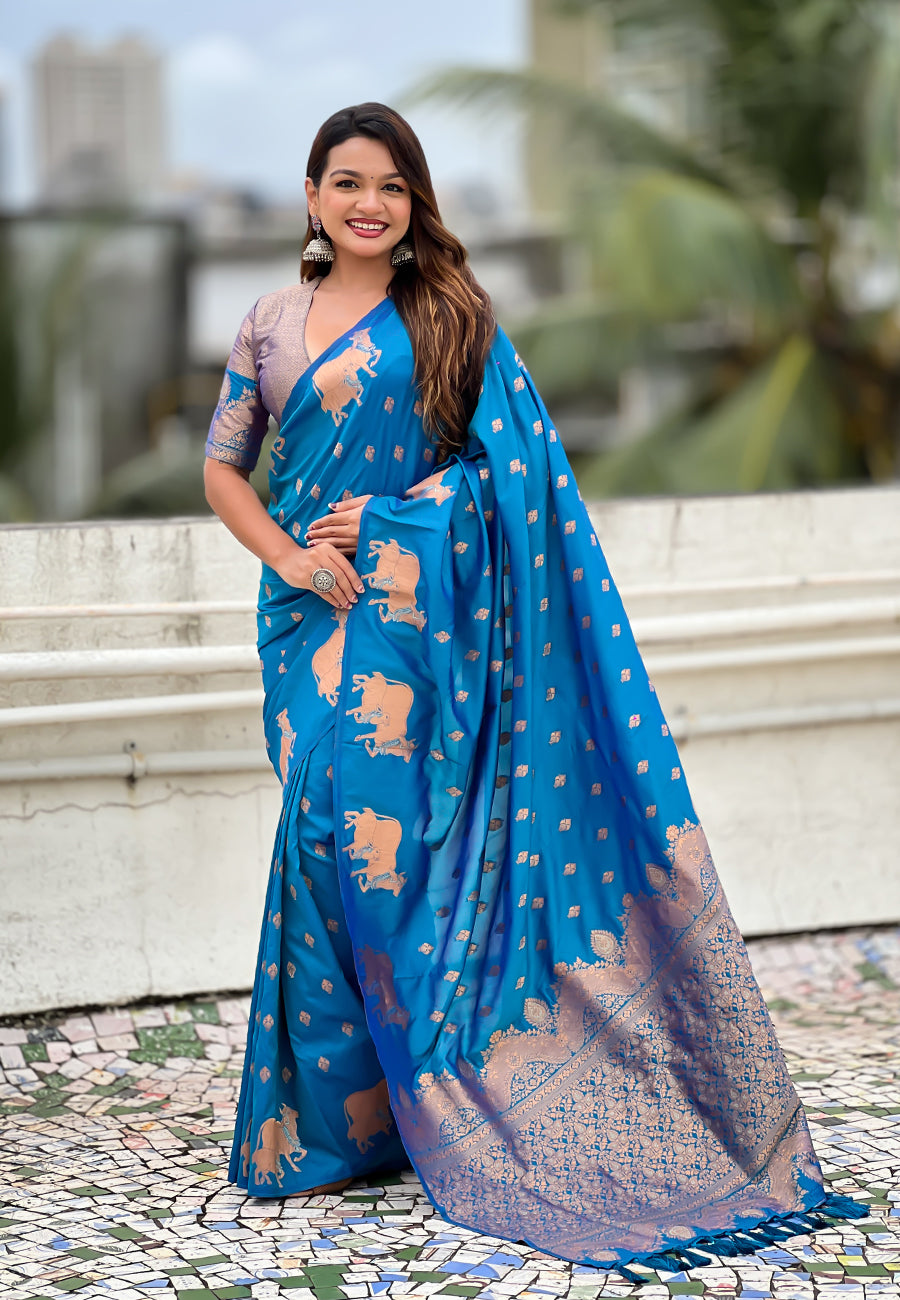 Rama Blue Pure Soft Silk Dual Zari with Nandi Border Saree 