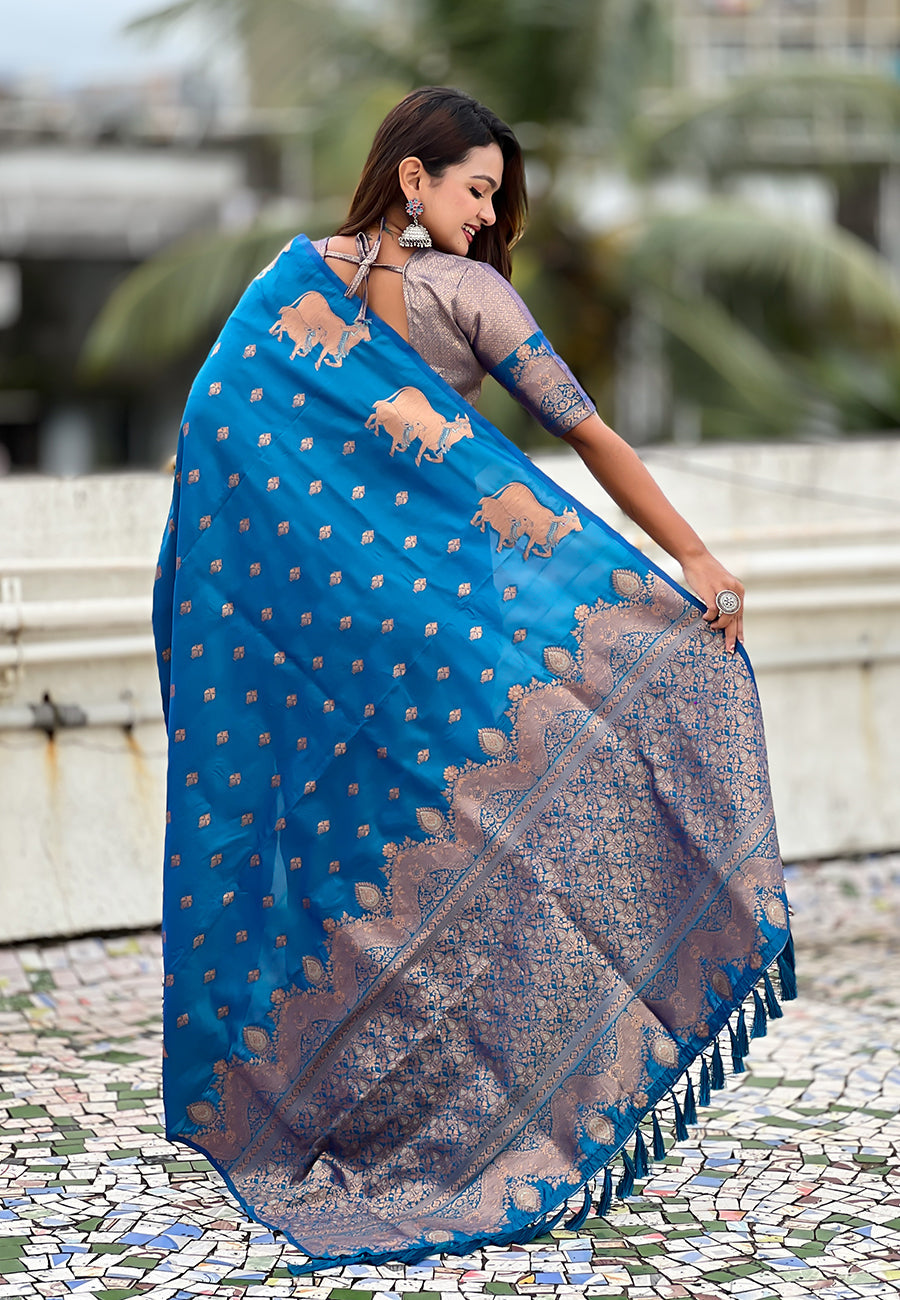 Rama Blue Pure Soft Silk Dual Zari with Nandi Border Saree 