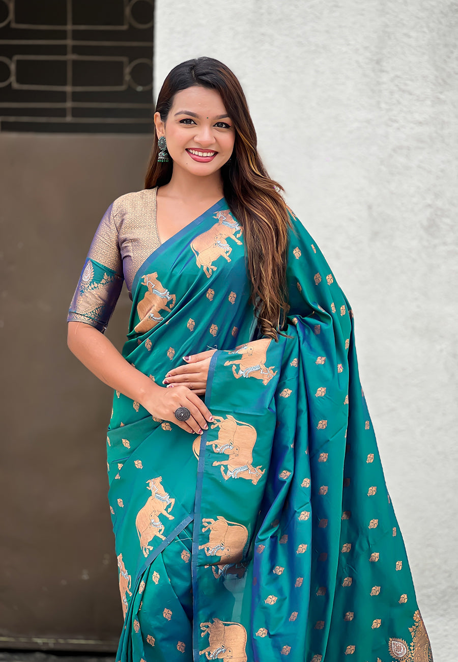 Green Pure Soft Silk Dual Zari with Nandi Border Saree 
