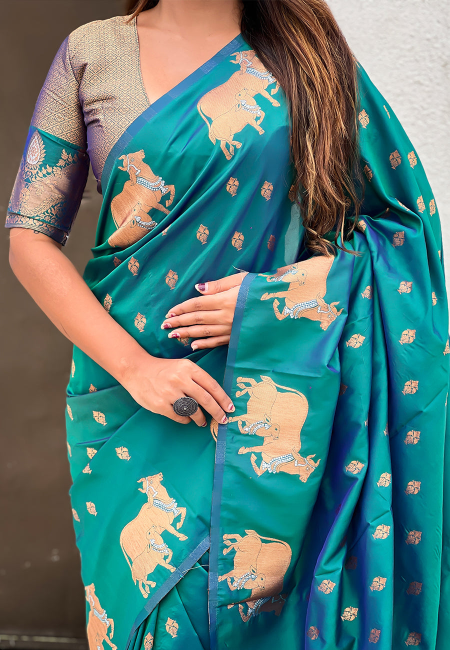 Green Pure Soft Silk Dual Zari with Nandi Border Saree 