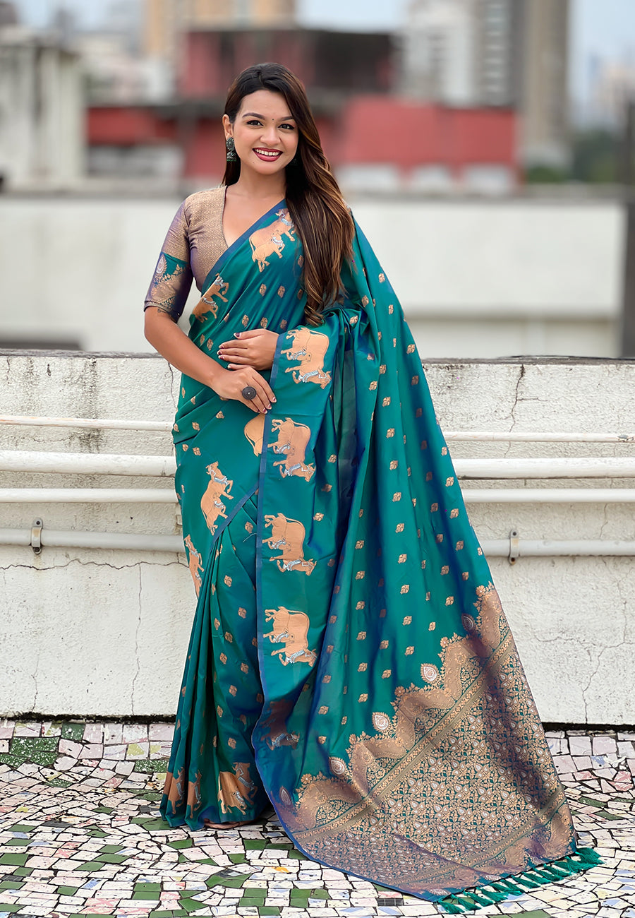 Green Pure Soft Silk Dual Zari with Nandi Border Saree 