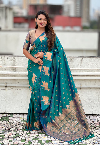 Green Pure Soft Silk Dual Zari with Nandi Border Saree 