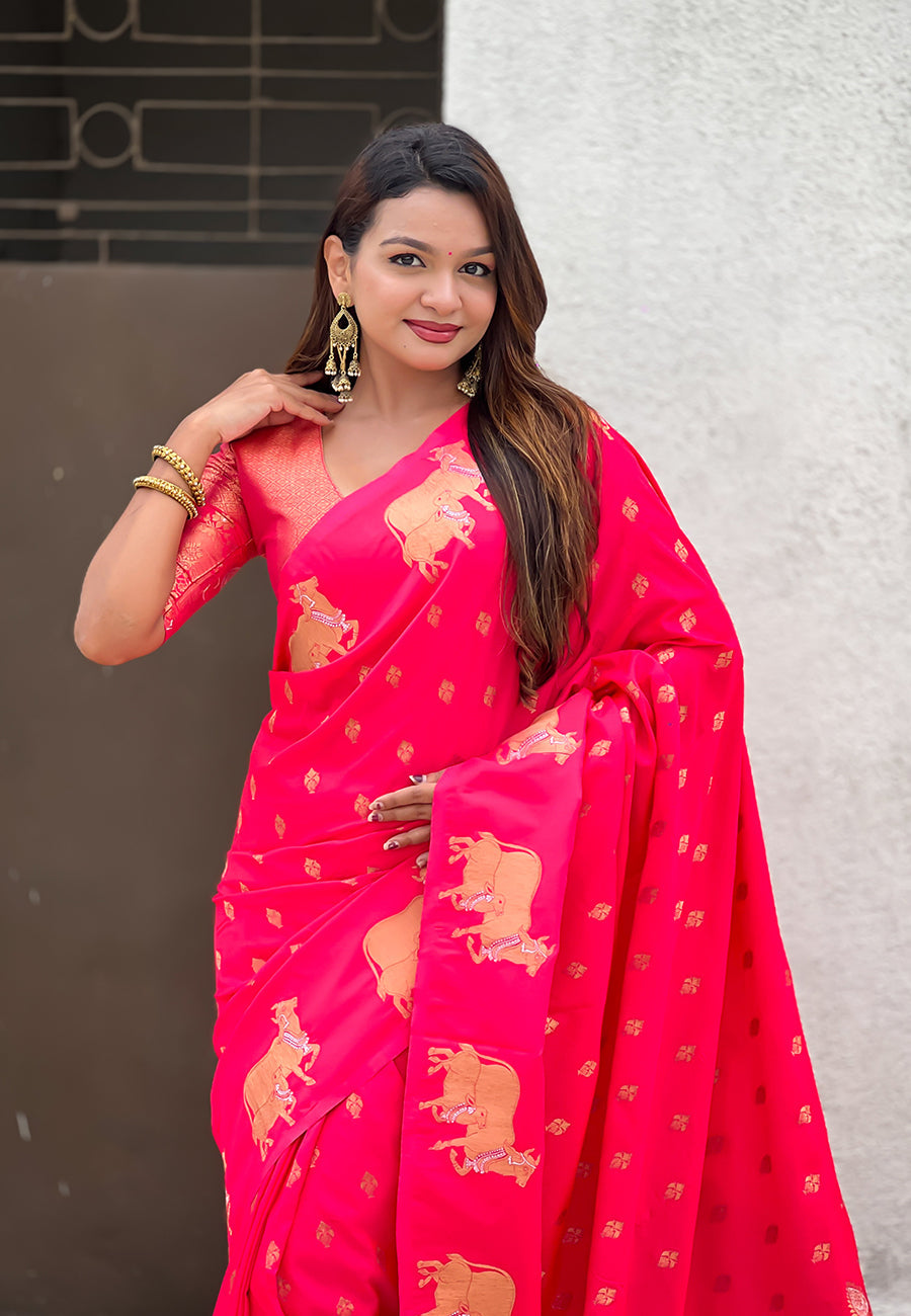 Pink Pure Soft Silk Dual Zari with Nandi Border Saree 