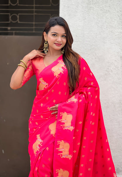 Pink Pure Soft Silk Dual Zari with Nandi Border Saree 
