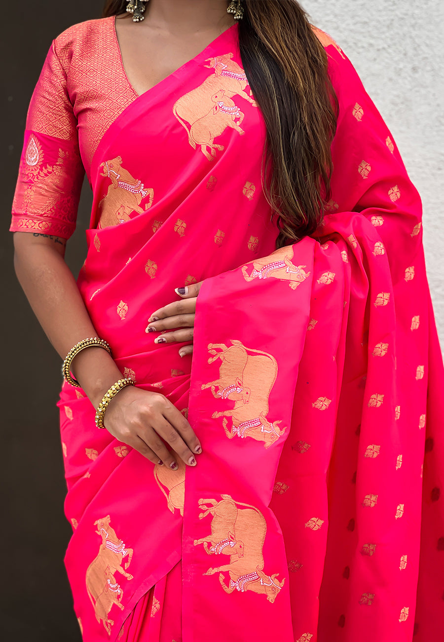 Pink Pure Soft Silk Dual Zari with Nandi Border Saree 