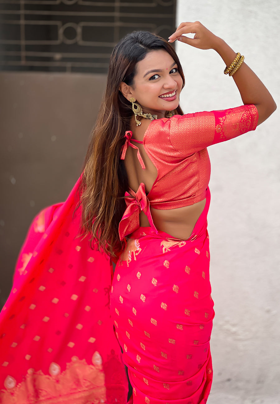 Pink Pure Soft Silk Dual Zari with Nandi Border Saree 