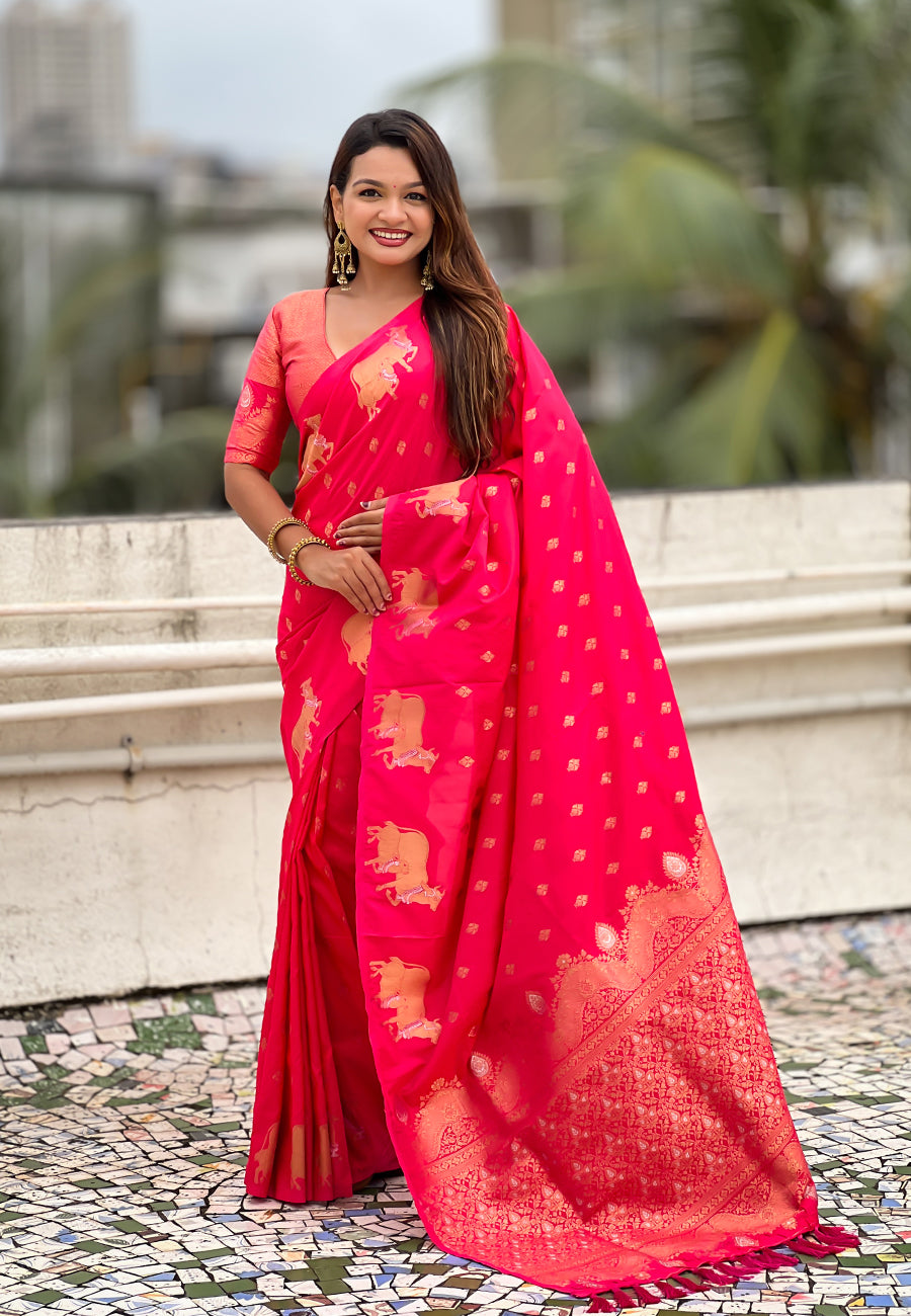 Pink Pure Soft Silk Dual Zari with Nandi Border Saree 
