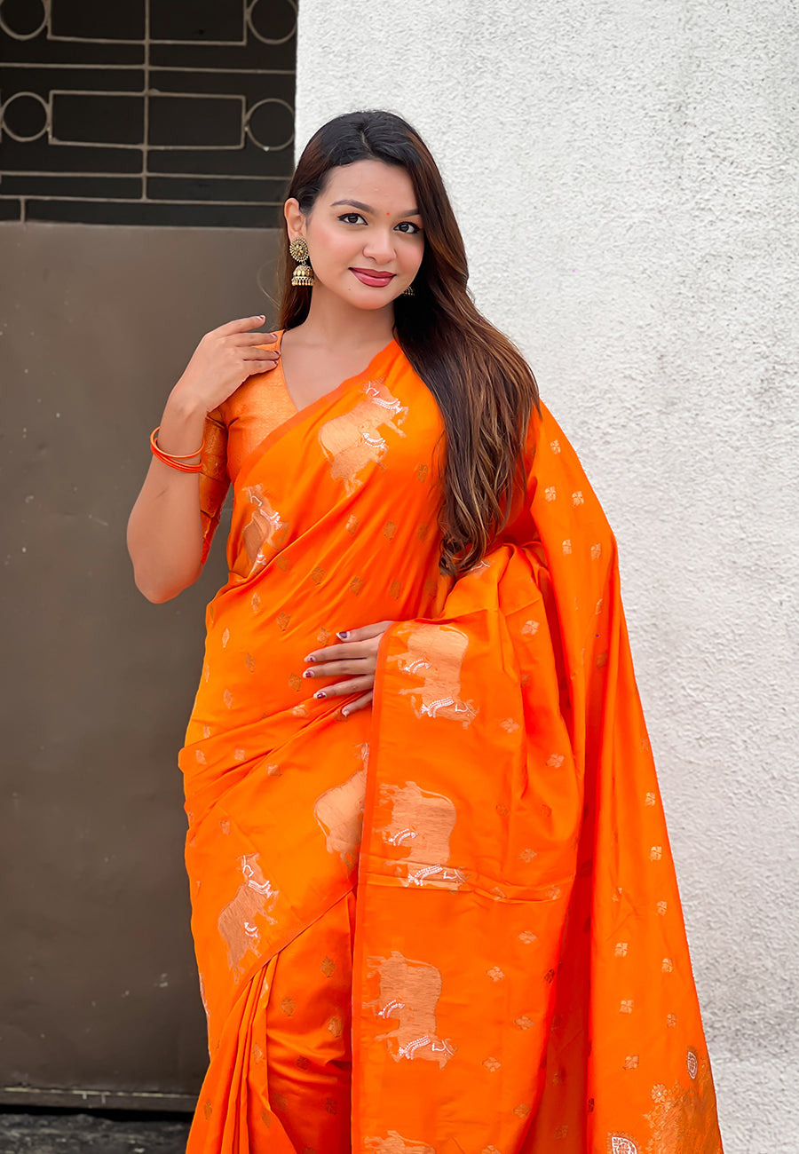 Orange Pure Soft Silk Dual Zari with Nandi Border Saree 