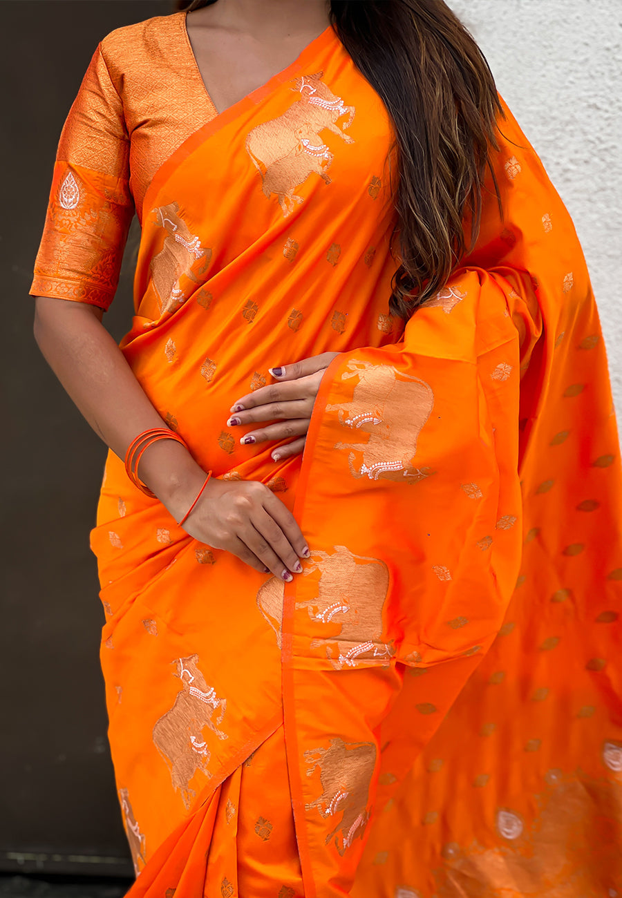Orange Pure Soft Silk Dual Zari with Nandi Border Saree 