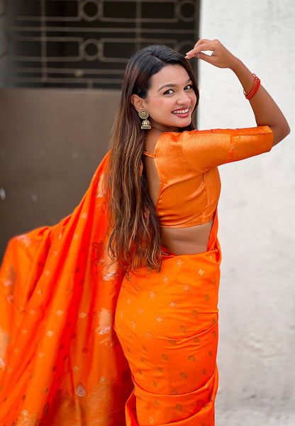 Orange Pure Soft Silk Dual Zari with Nandi Border Saree 