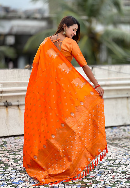 Orange Pure Soft Silk Dual Zari with Nandi Border Saree 