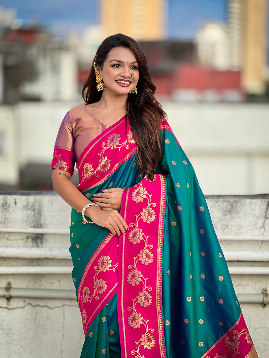 Green Soft Silk Lotus Paithani Saree