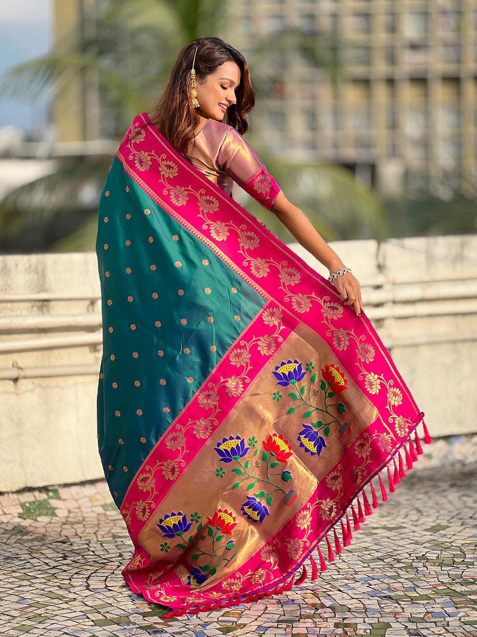 Green Soft Silk Lotus Paithani Saree