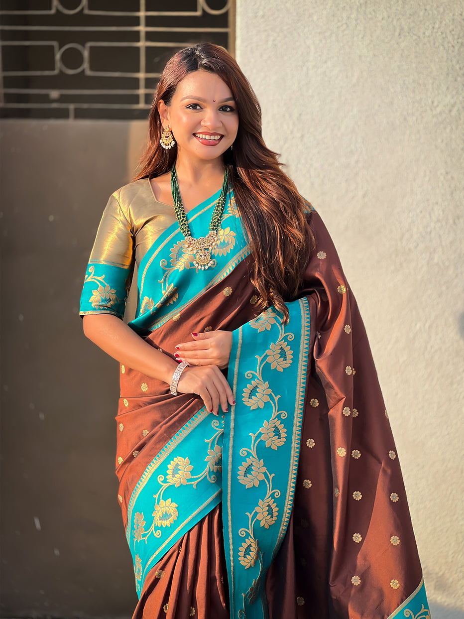 Coffee Brown Soft Silk Lotus Paithani Saree