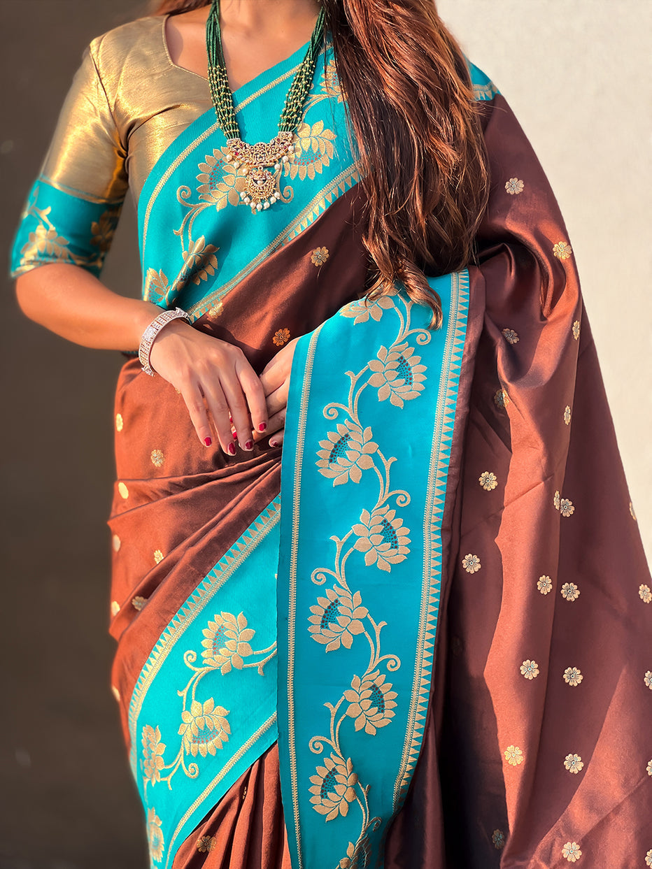 Coffee Brown Soft Silk Lotus Paithani Saree Paithani Saree Anant Tex Exports Pvt.Ltd..