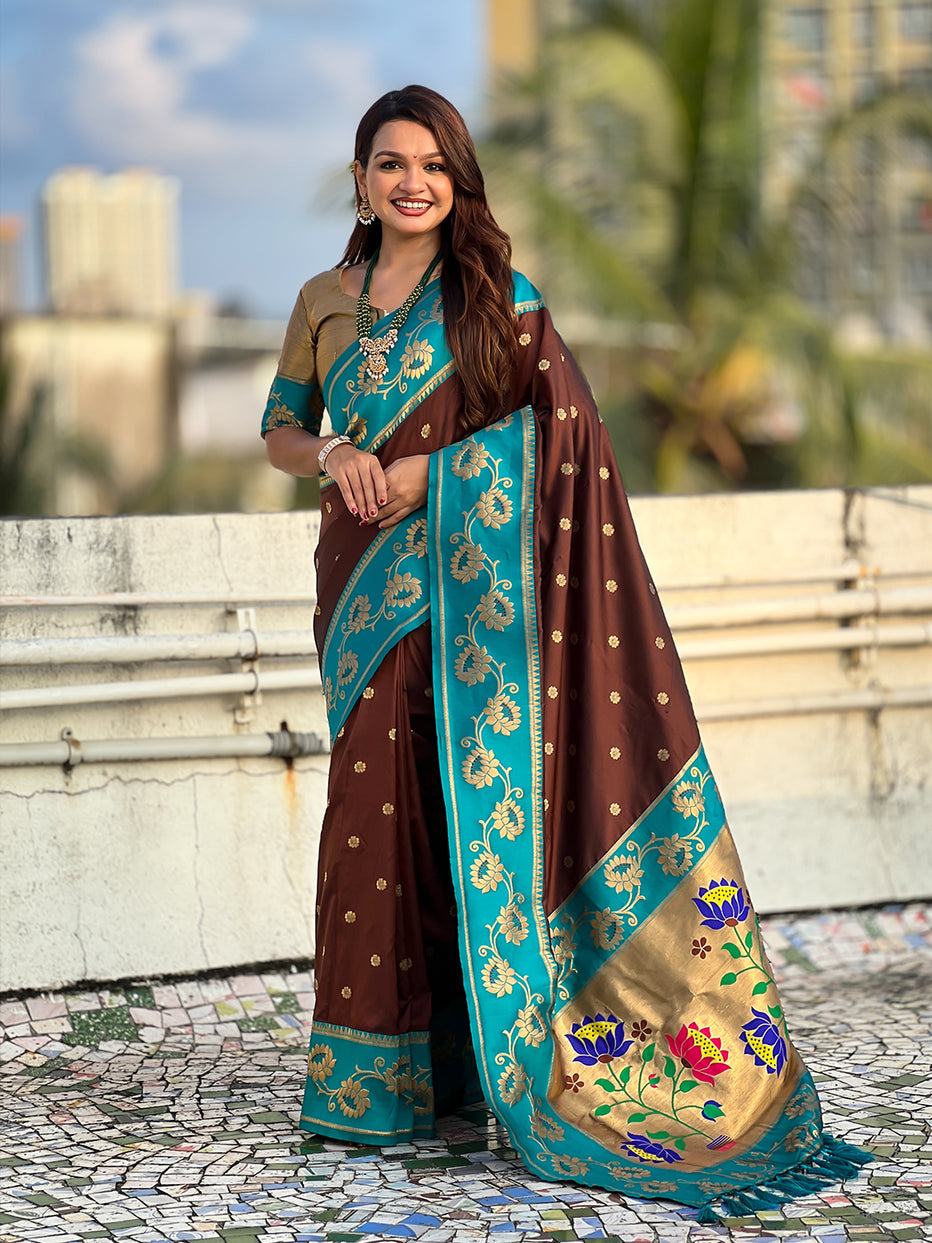 Coffee Brown Soft Silk Lotus Paithani Saree Paithani Saree Anant Tex Exports Pvt.Ltd..