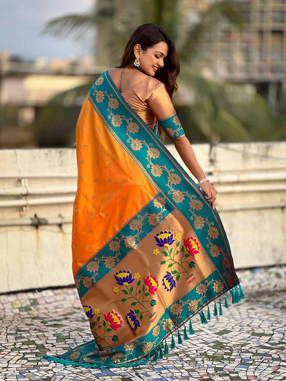 Orange Soft Silk Lotus Paithani Saree