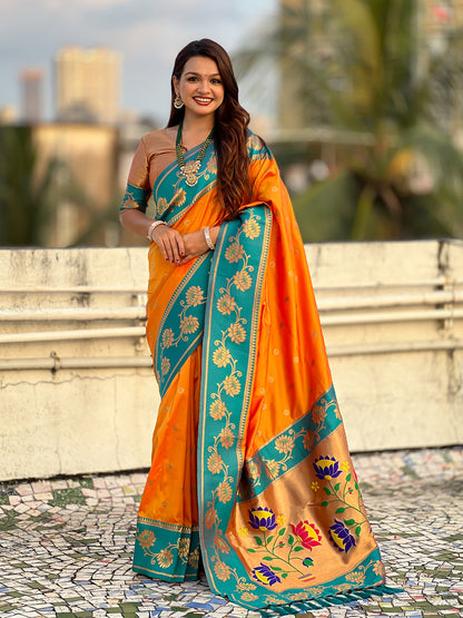 Orange Soft Silk Lotus Paithani Saree Paithani Saree Anant Tex Exports Pvt.Ltd..
