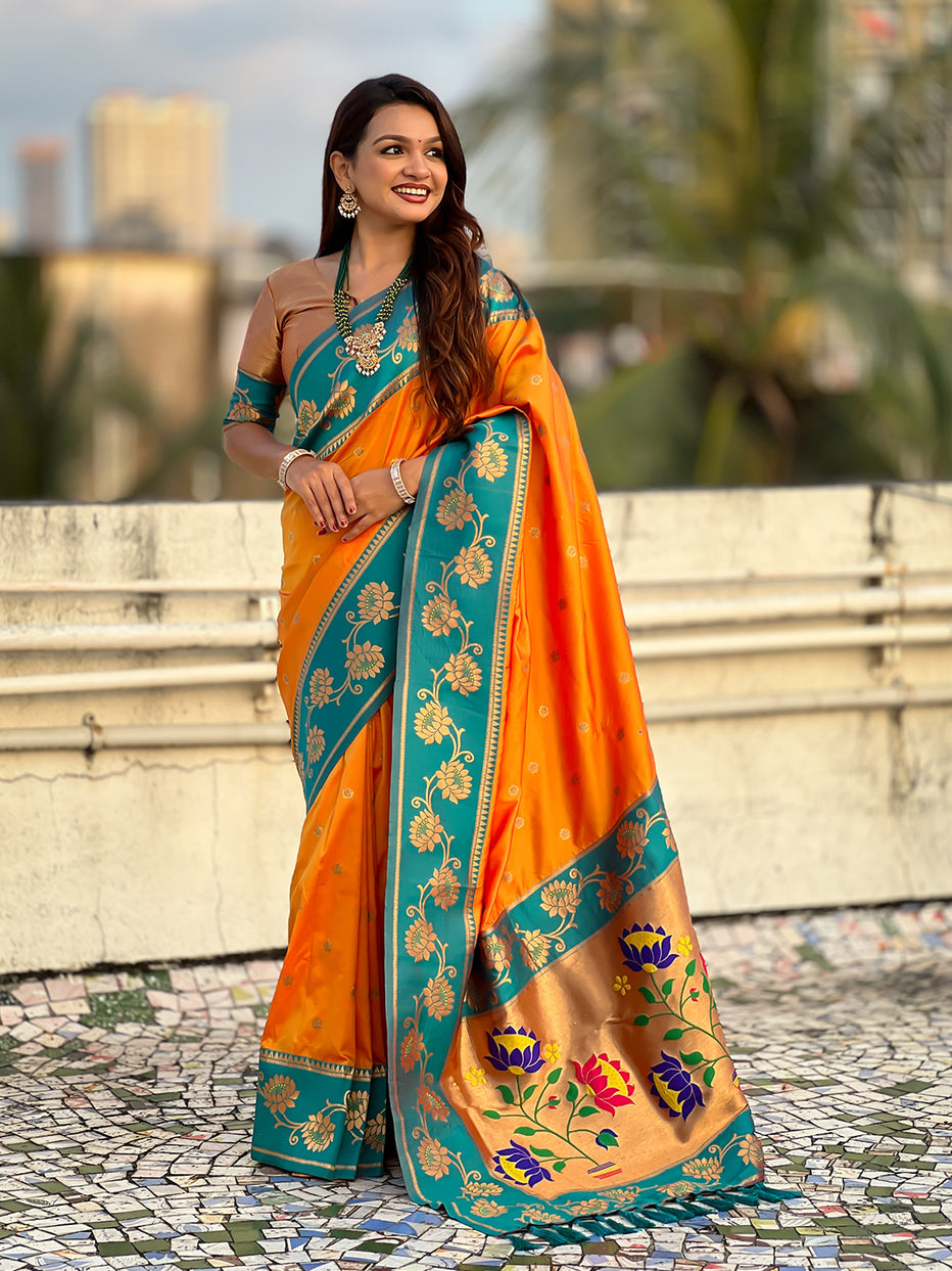 Orange Soft Silk Lotus Paithani Saree