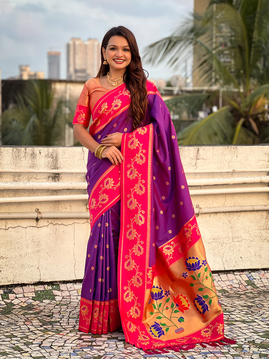 Purple with Pink Soft Silk Lotus Paithani Saree