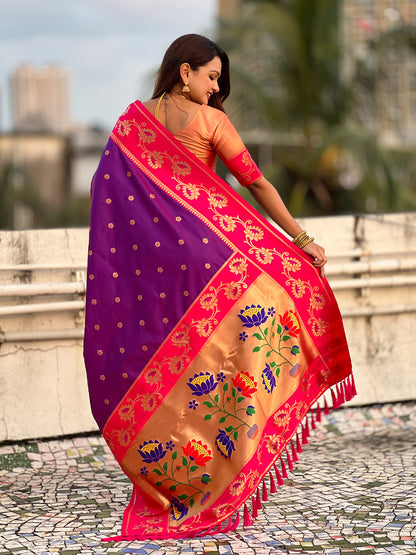 Purple with Pink Soft Silk Lotus Paithani Saree Paithani Saree Anant Tex Exports Pvt.Ltd..