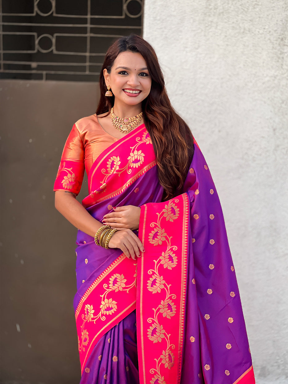 Purple with Pink Soft Silk Lotus Paithani Saree