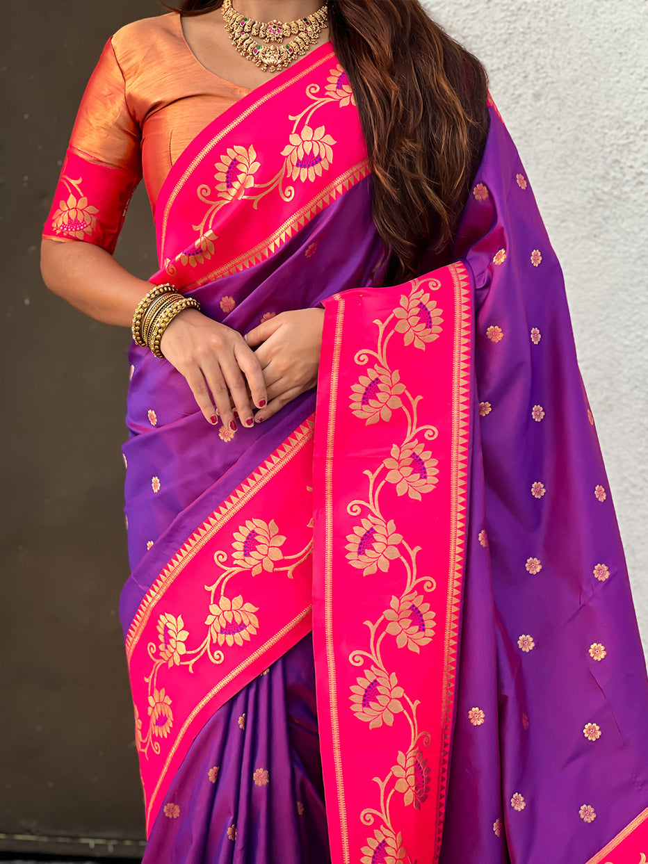 Purple with Pink Soft Silk Lotus Paithani Saree Paithani Saree Anant Tex Exports Pvt.Ltd..