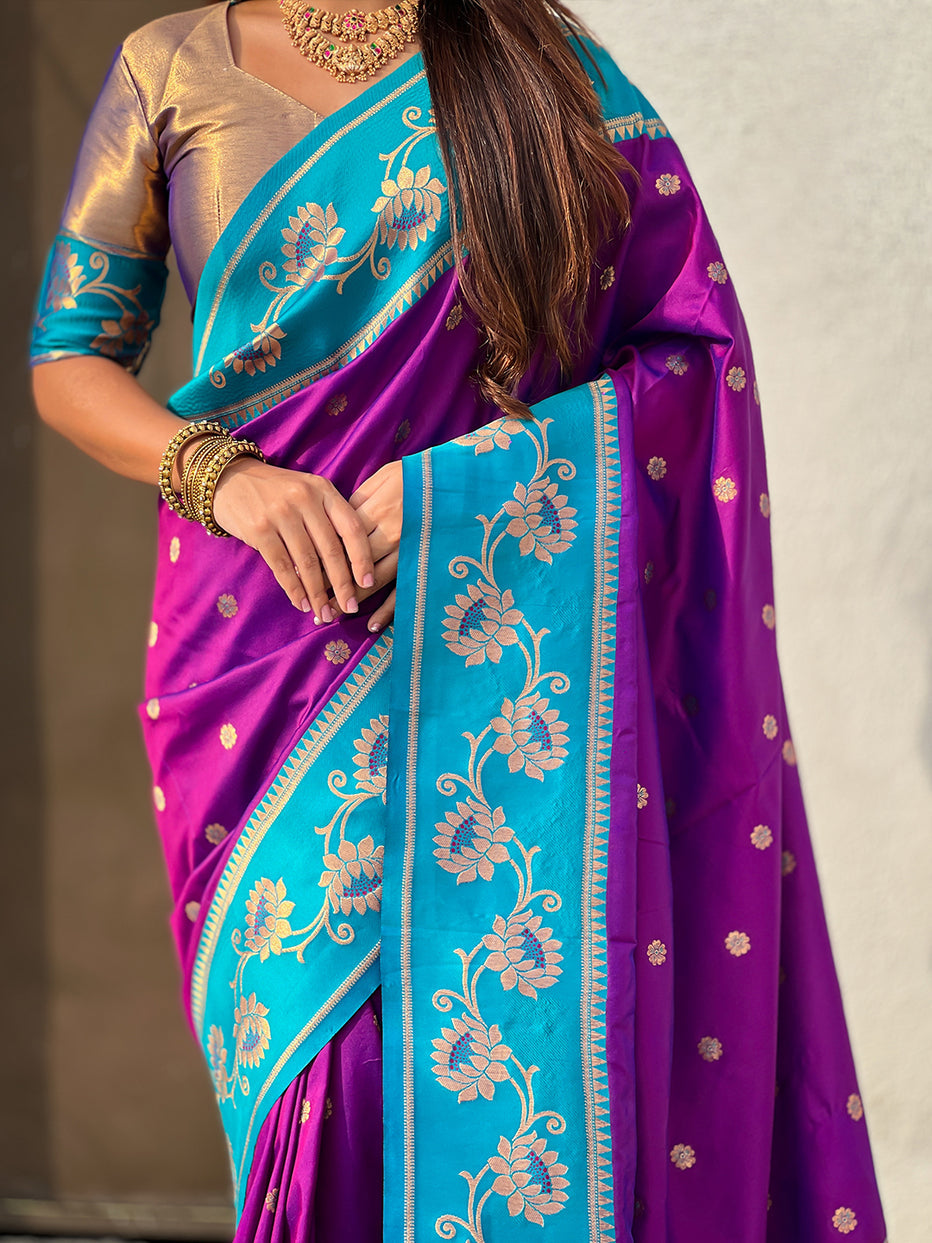 Purple with Rama Soft Silk Lotus Paithani Saree