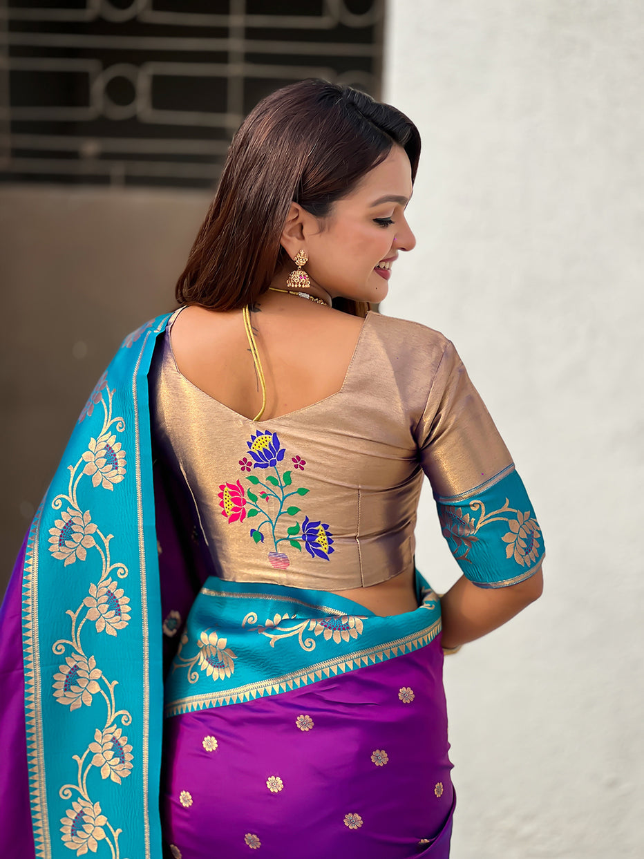 Purple with Rama Soft Silk Lotus Paithani Saree