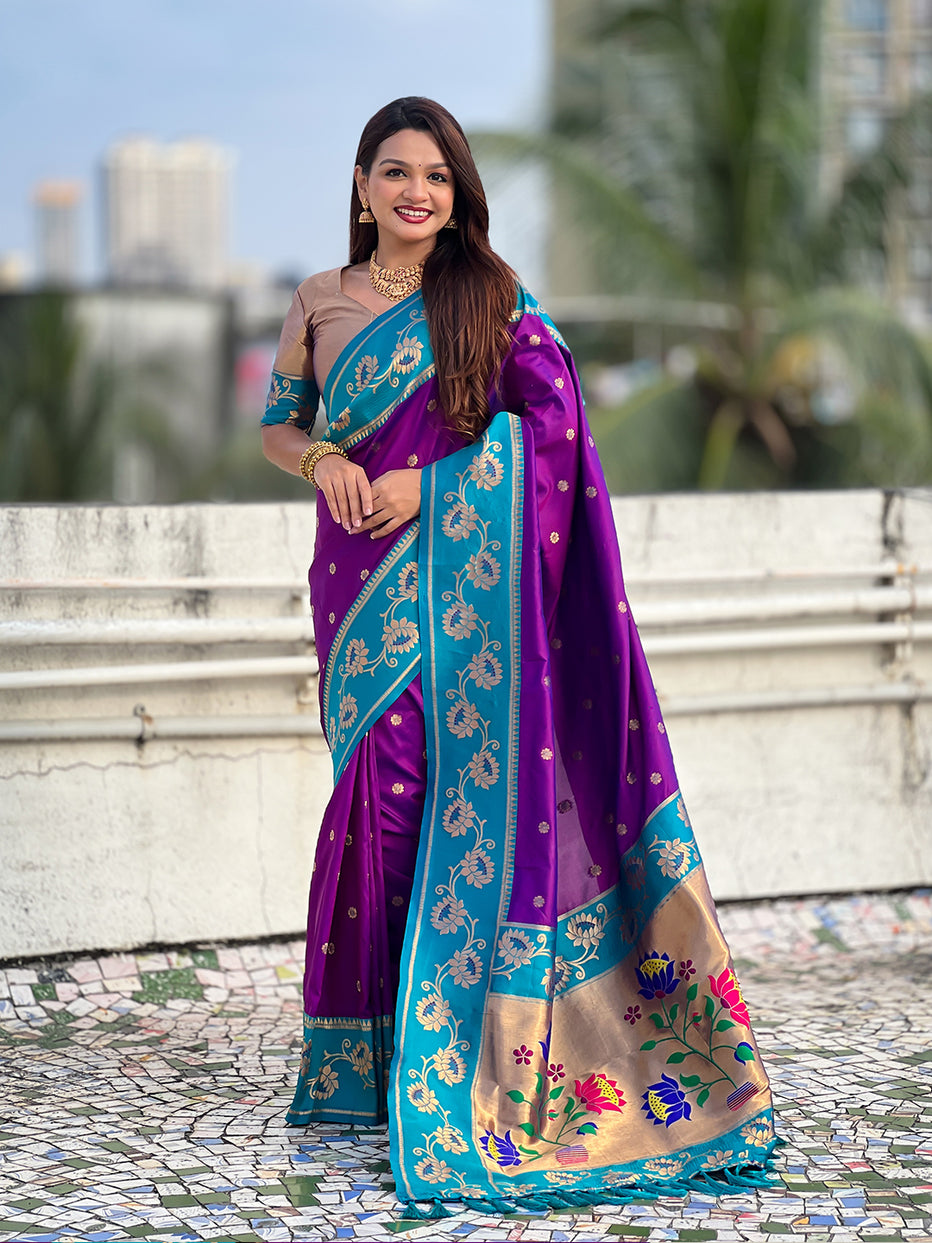 Purple with Rama Soft Silk Lotus Paithani Saree