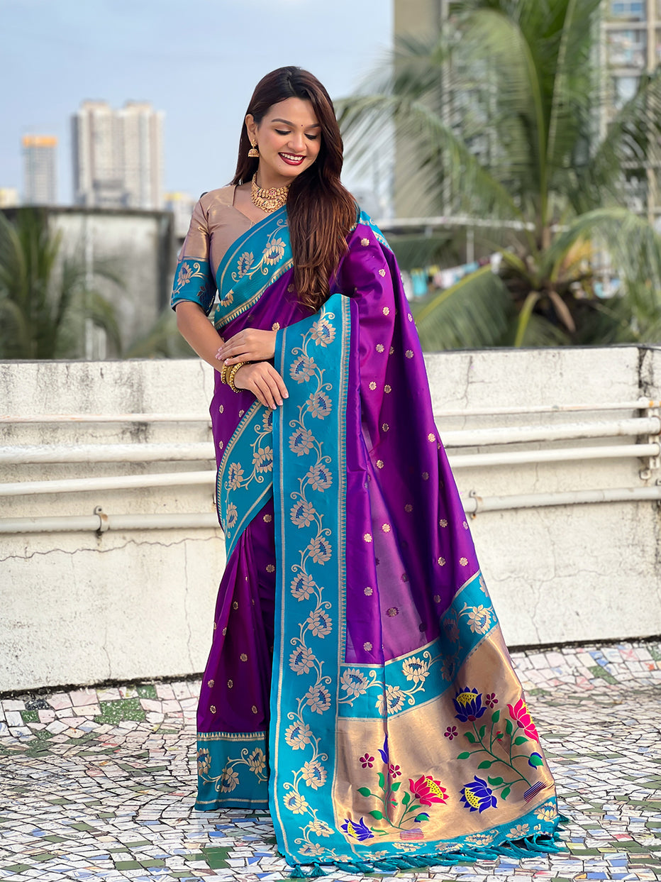 Purple with Rama Soft Silk Lotus Paithani Saree