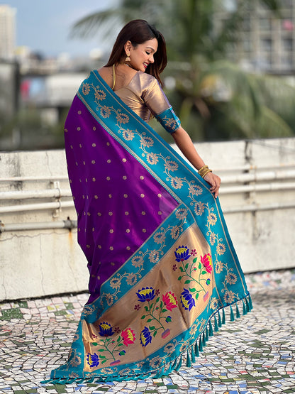 Purple with Rama Soft Silk Lotus Paithani Saree Paithani Saree Anant Tex Exports Pvt.Ltd..