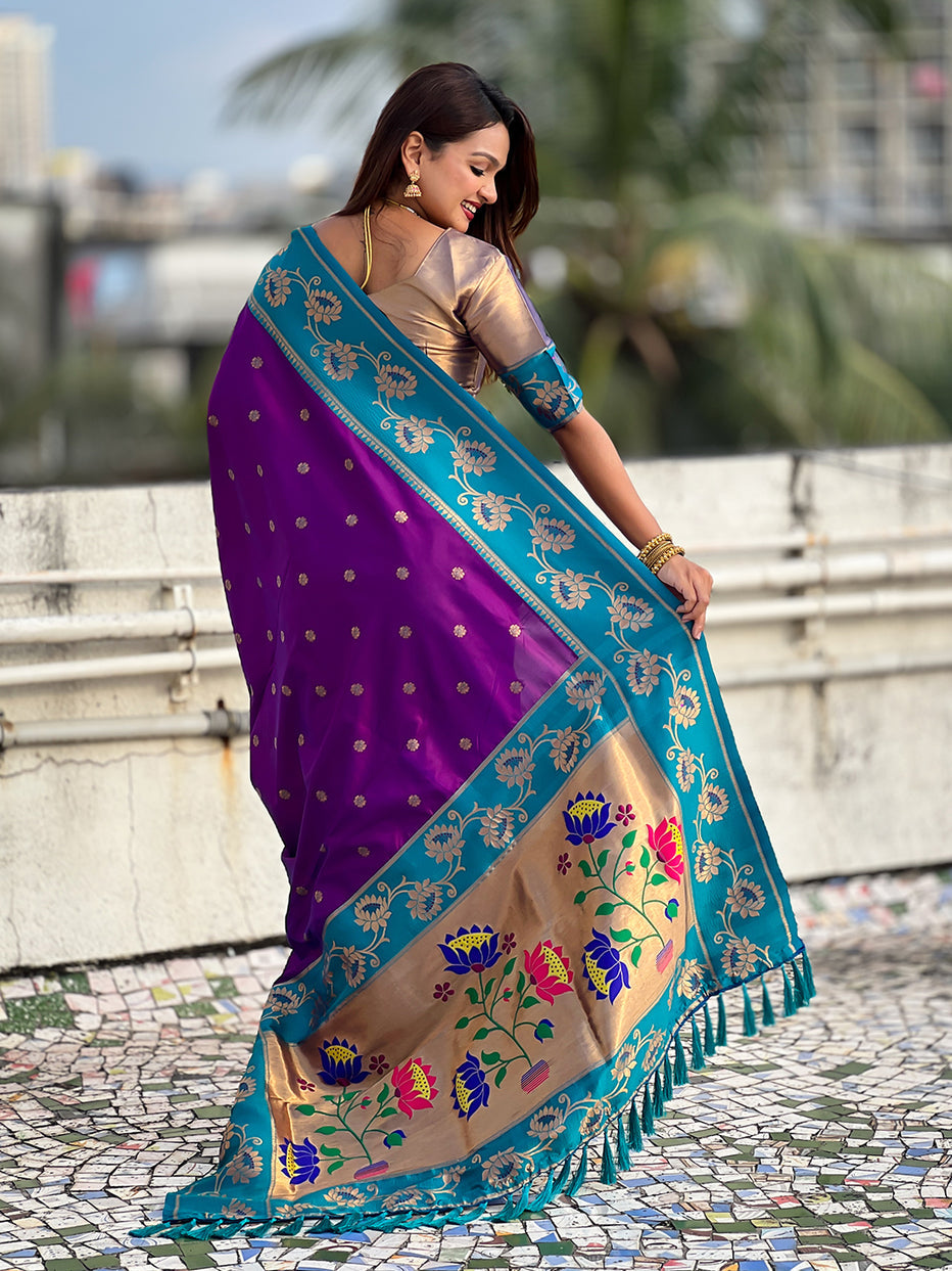 Purple with Rama Soft Silk Lotus Paithani Saree