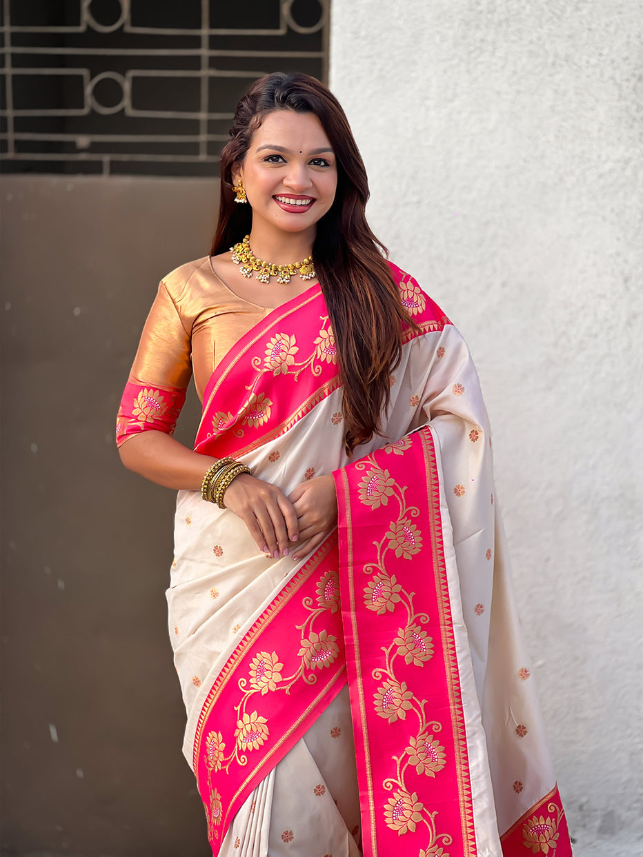 Cream Soft Silk Lotus Paithani Saree Paithani Saree Anant Tex Exports Pvt.Ltd..