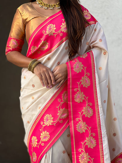 Cream Soft Silk Lotus Paithani Saree Paithani Saree Anant Tex Exports Pvt.Ltd..