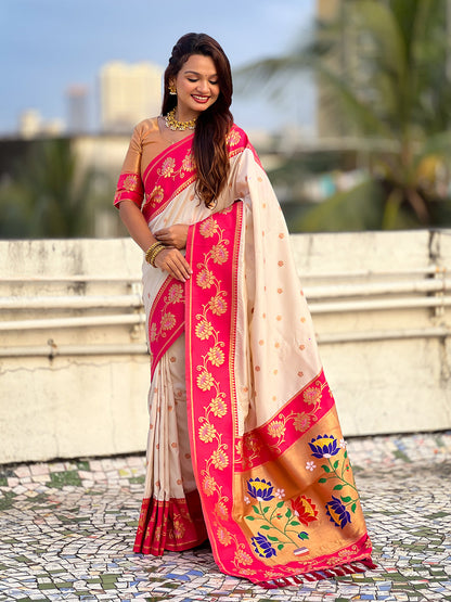 Cream Soft Silk Lotus Paithani Saree Paithani Saree Anant Tex Exports Pvt.Ltd..