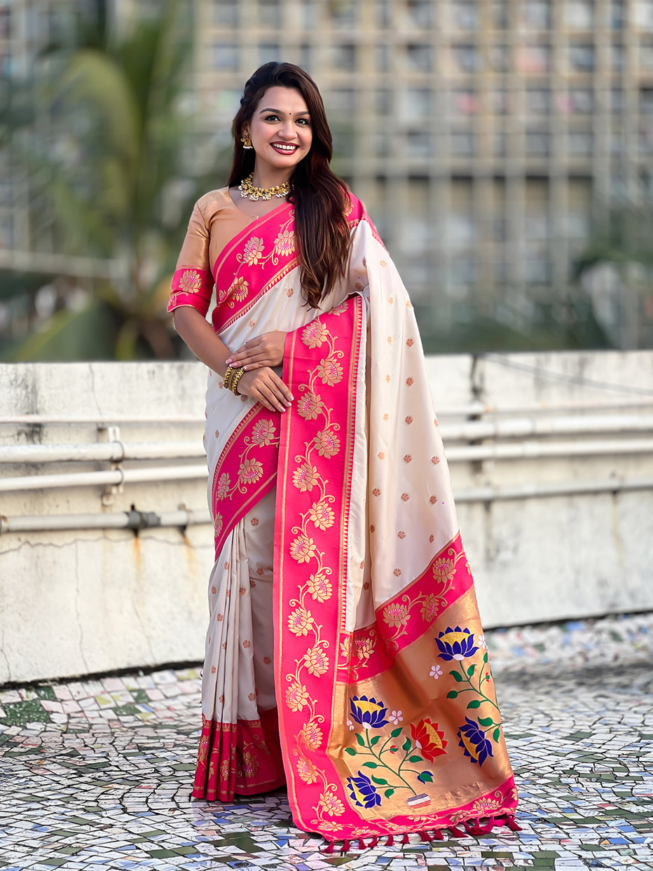 Cream Soft Silk Lotus Paithani Saree