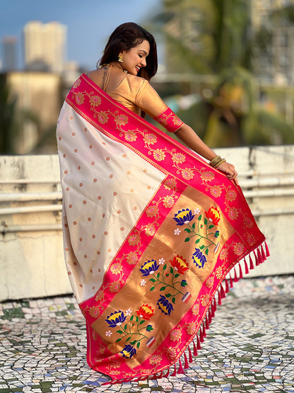 Cream Soft Silk Lotus Paithani Saree Paithani Saree Anant Tex Exports Pvt.Ltd..
