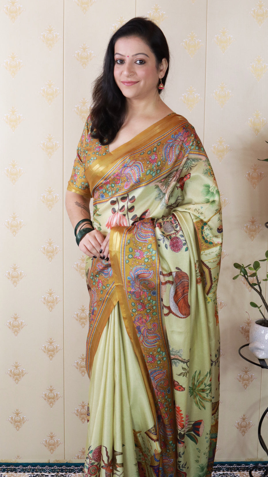 Yellow Soft Tussar Silk Pattachitra Traditional Printed Zari Tussar Saree