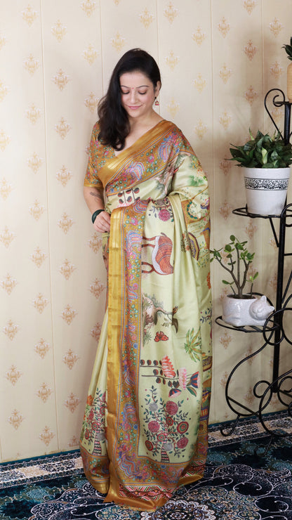 Yellow Soft Tussar Silk Pattachitra Traditional Printed Zari Tussar Saree Tussar Saree Anant Tex Exports Pvt.Ltd..