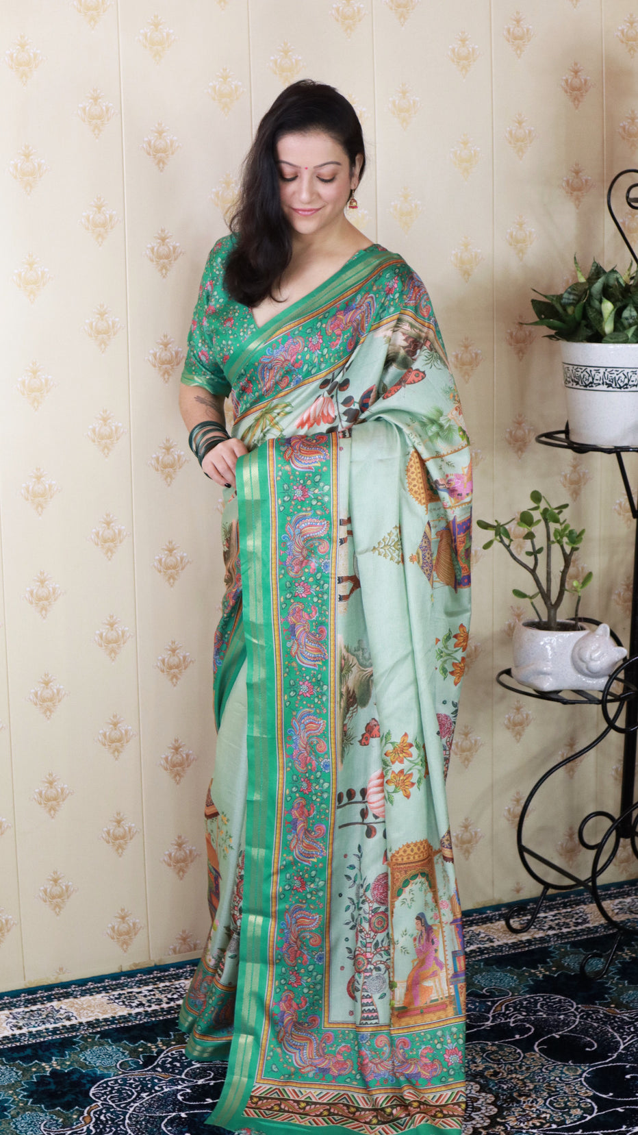 Sea Green Soft Tussar Silk Pattachitra Traditional Printed Zari Tussar Saree