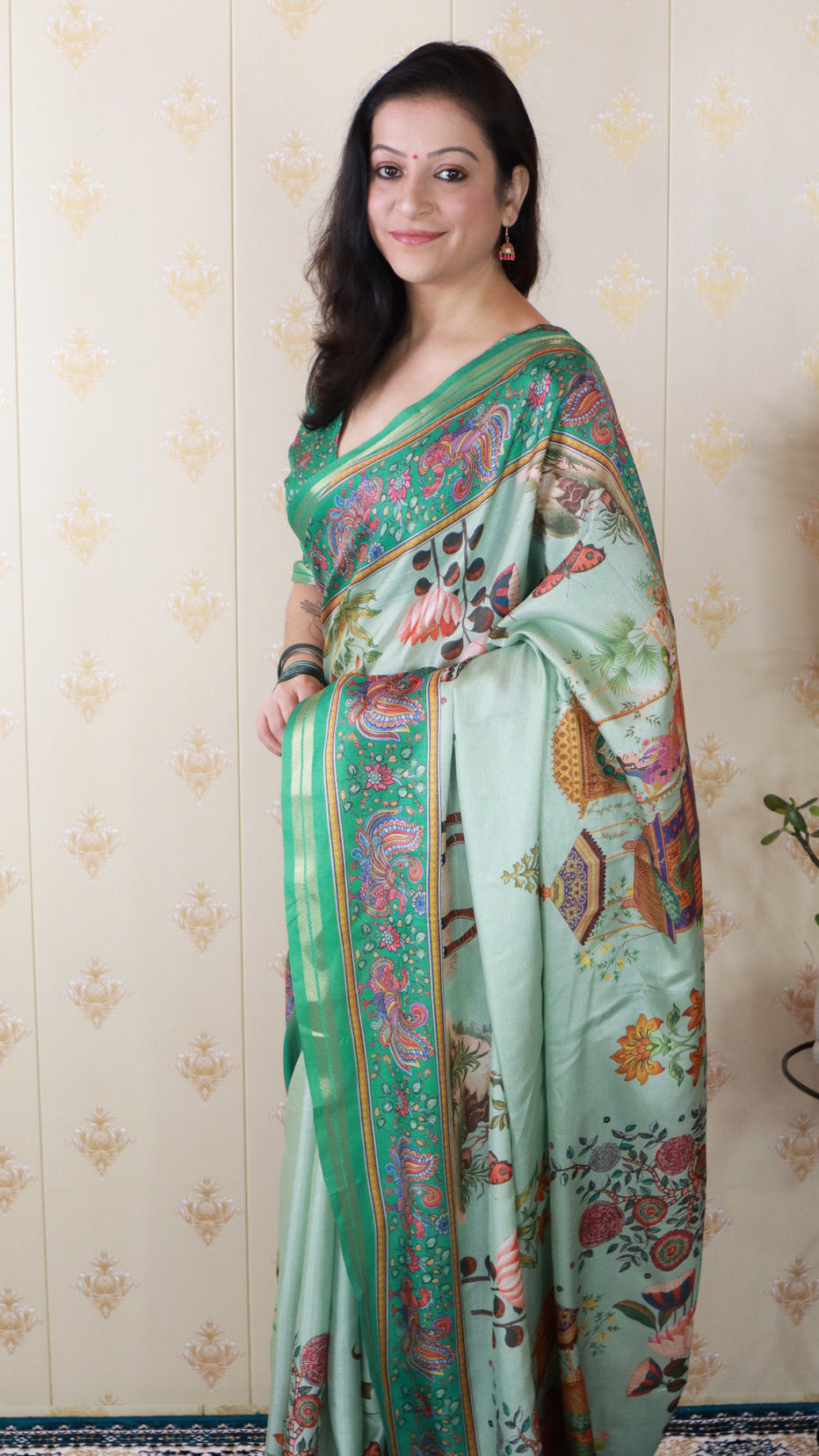 Sea Green Soft Tussar Silk Pattachitra Traditional Printed Zari Tussar Saree