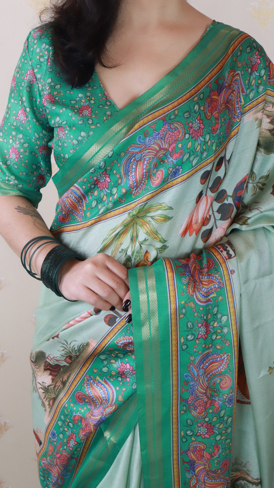 Sea Green Soft Tussar Silk Pattachitra Traditional Printed Zari Tussar Saree