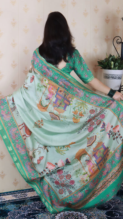 Sea Green Soft Tussar Silk Pattachitra Traditional Printed Zari Tussar Saree Tussar Saree Anant Tex Exports Pvt.Ltd..
